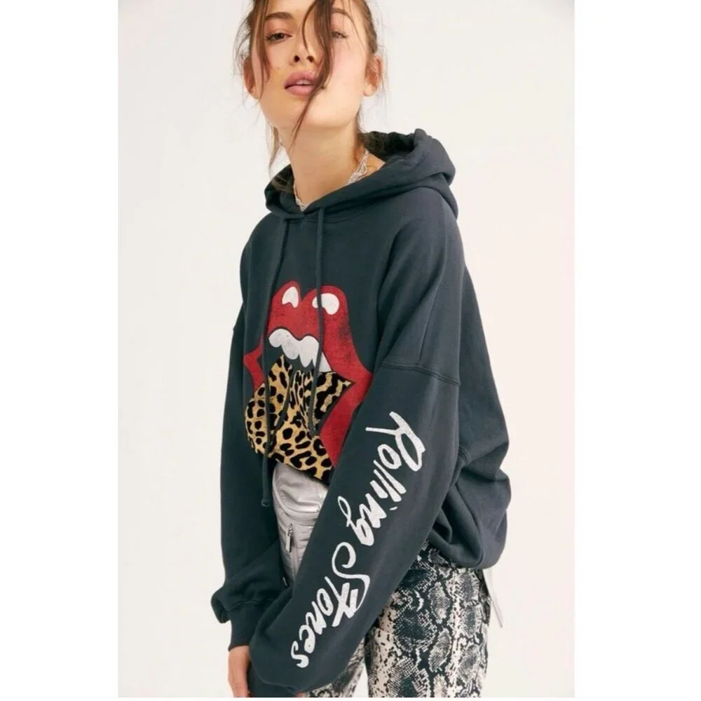 NWT Free People x Daydreamer Rolling Stones Tongue Hoodie Gray Size L $168 [jb]